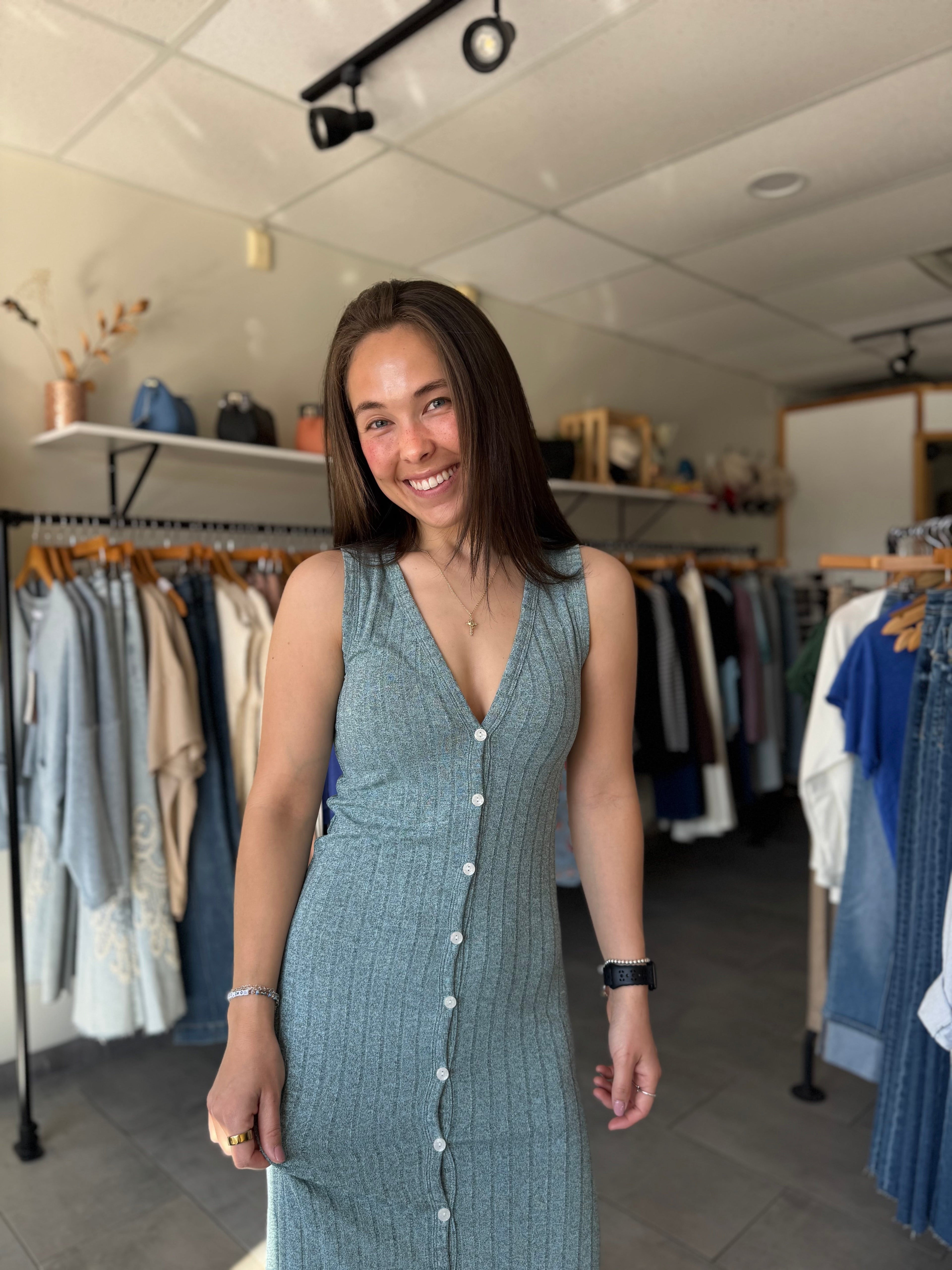 Sutton Ribbed Button Dress | Heather Seafoam